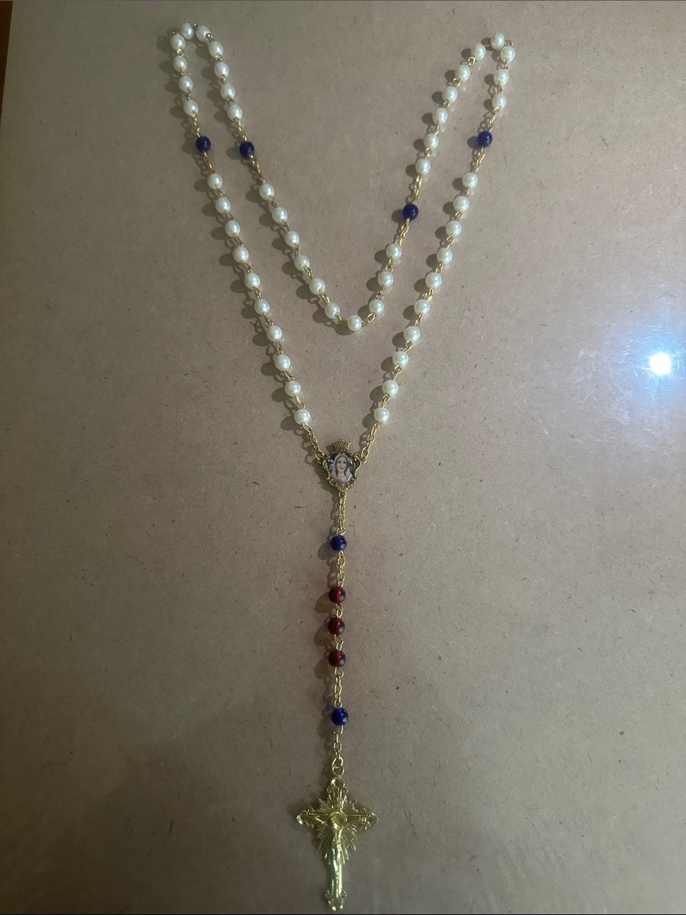 Gold-Tone Pearl Rosary Necklace with Blue and Red Accent Beads